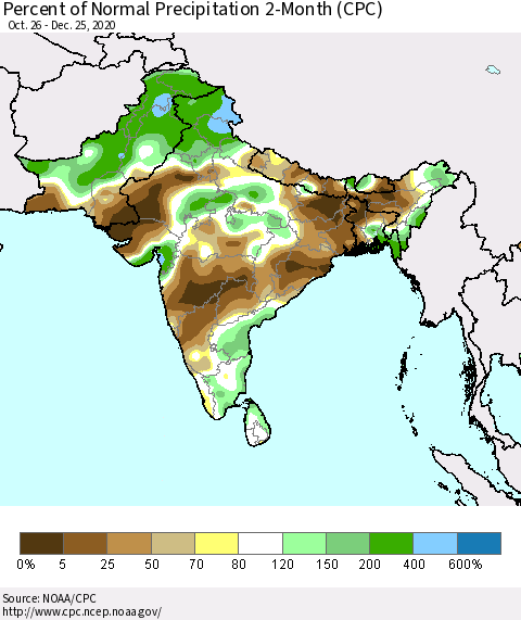 Southern Asia Percent of Normal Precipitation 2-Month (CPC) Thematic Map For 10/26/2020 - 12/25/2020