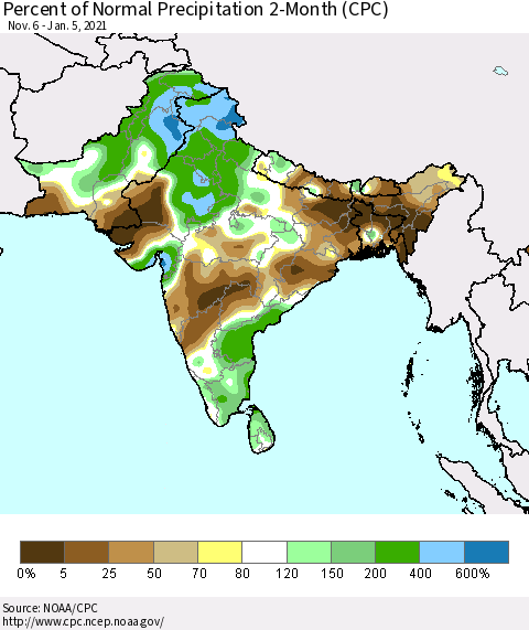 Southern Asia Percent of Normal Precipitation 2-Month (CPC) Thematic Map For 11/6/2020 - 1/5/2021