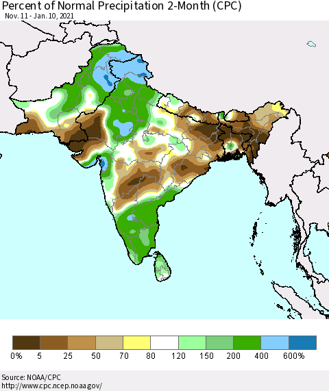 Southern Asia Percent of Normal Precipitation 2-Month (CPC) Thematic Map For 11/11/2020 - 1/10/2021