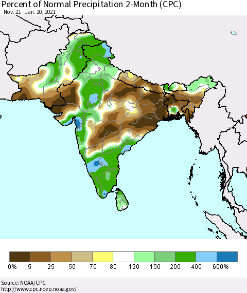 Southern Asia Percent of Normal Precipitation 2-Month (CPC) Thematic Map For 11/21/2020 - 1/20/2021