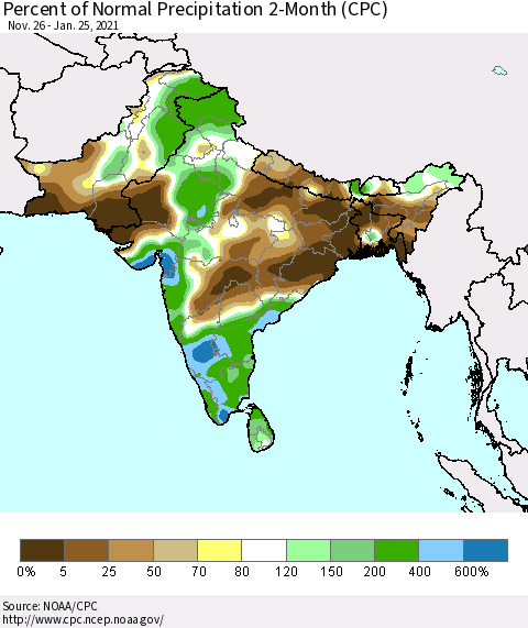 Southern Asia Percent of Normal Precipitation 2-Month (CPC) Thematic Map For 11/26/2020 - 1/25/2021