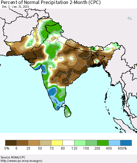 Southern Asia Percent of Normal Precipitation 2-Month (CPC) Thematic Map For 12/1/2020 - 1/31/2021