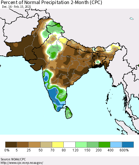 Southern Asia Percent of Normal Precipitation 2-Month (CPC) Thematic Map For 12/16/2020 - 2/15/2021