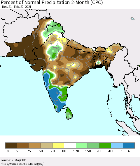 Southern Asia Percent of Normal Precipitation 2-Month (CPC) Thematic Map For 12/21/2020 - 2/20/2021