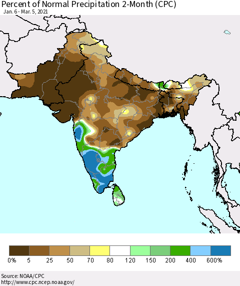 Southern Asia Percent of Normal Precipitation 2-Month (CPC) Thematic Map For 1/6/2021 - 3/5/2021