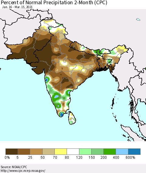 Southern Asia Percent of Normal Precipitation 2-Month (CPC) Thematic Map For 1/16/2021 - 3/15/2021