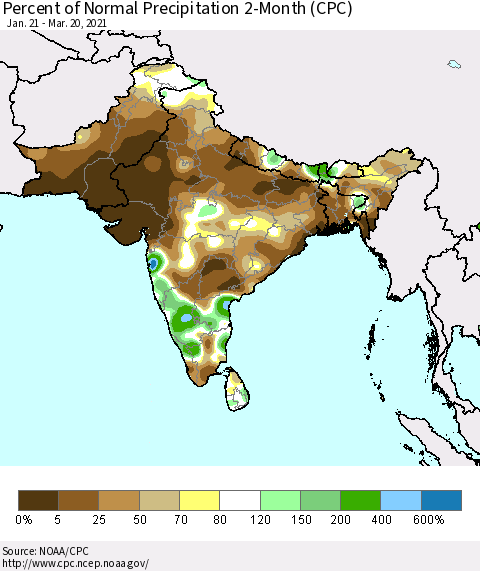 Southern Asia Percent of Normal Precipitation 2-Month (CPC) Thematic Map For 1/21/2021 - 3/20/2021