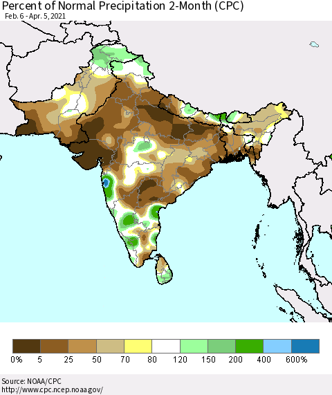 Southern Asia Percent of Normal Precipitation 2-Month (CPC) Thematic Map For 2/6/2021 - 4/5/2021