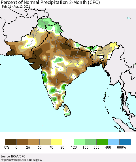 Southern Asia Percent of Normal Precipitation 2-Month (CPC) Thematic Map For 2/11/2021 - 4/10/2021