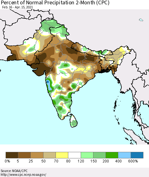 Southern Asia Percent of Normal Precipitation 2-Month (CPC) Thematic Map For 2/16/2021 - 4/15/2021