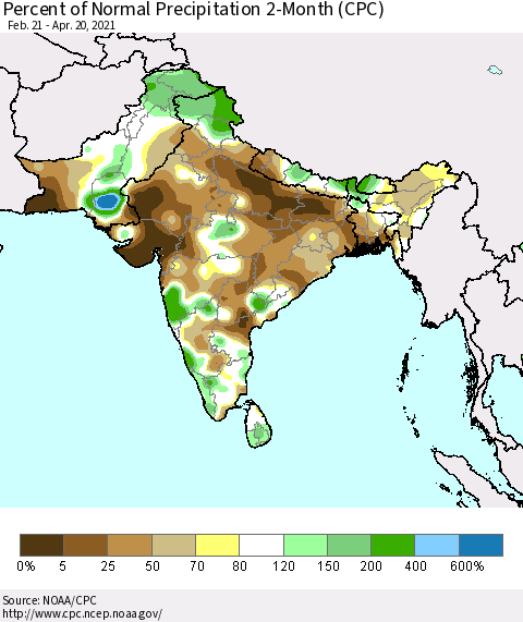 Southern Asia Percent of Normal Precipitation 2-Month (CPC) Thematic Map For 2/21/2021 - 4/20/2021