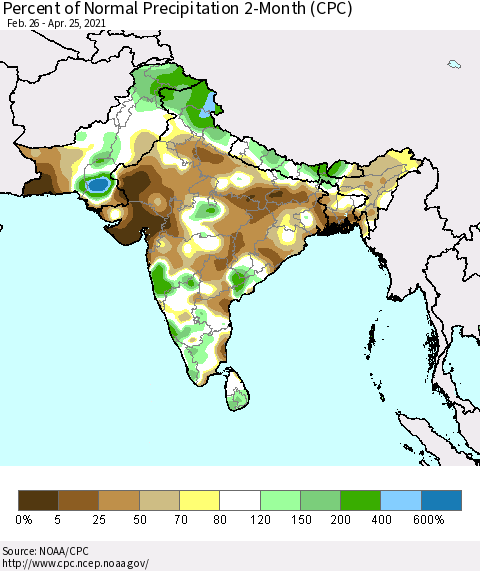 Southern Asia Percent of Normal Precipitation 2-Month (CPC) Thematic Map For 2/26/2021 - 4/25/2021