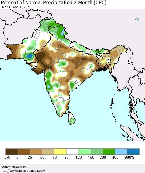 Southern Asia Percent of Normal Precipitation 2-Month (CPC) Thematic Map For 3/1/2021 - 4/30/2021