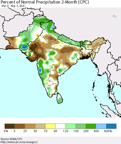 Southern Asia Percent of Normal Precipitation 2-Month (CPC) Thematic Map For 3/6/2021 - 5/5/2021