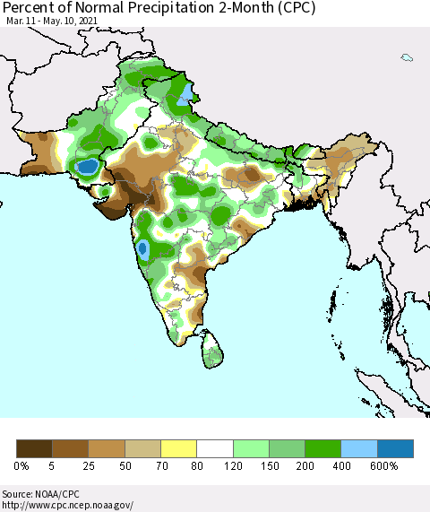 Southern Asia Percent of Normal Precipitation 2-Month (CPC) Thematic Map For 3/11/2021 - 5/10/2021