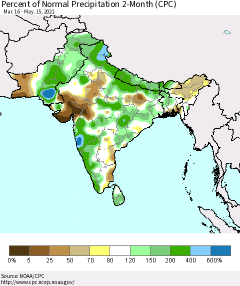 Southern Asia Percent of Normal Precipitation 2-Month (CPC) Thematic Map For 3/16/2021 - 5/15/2021