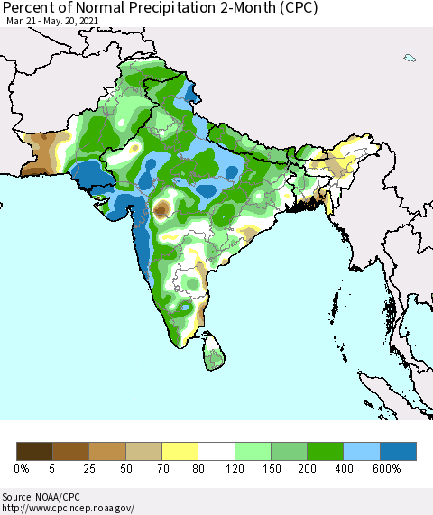 Southern Asia Percent of Normal Precipitation 2-Month (CPC) Thematic Map For 3/21/2021 - 5/20/2021