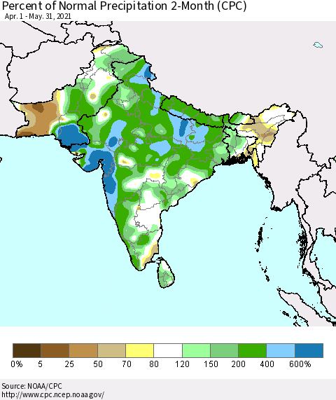 Southern Asia Percent of Normal Precipitation 2-Month (CPC) Thematic Map For 4/1/2021 - 5/31/2021