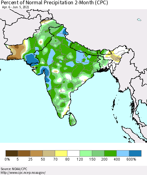 Southern Asia Percent of Normal Precipitation 2-Month (CPC) Thematic Map For 4/6/2021 - 6/5/2021
