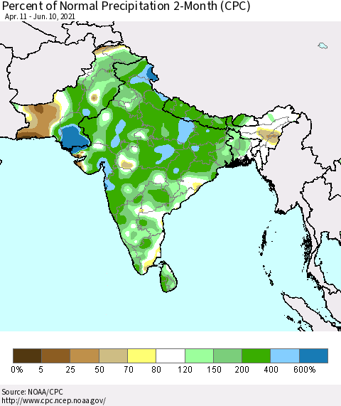 Southern Asia Percent of Normal Precipitation 2-Month (CPC) Thematic Map For 4/11/2021 - 6/10/2021