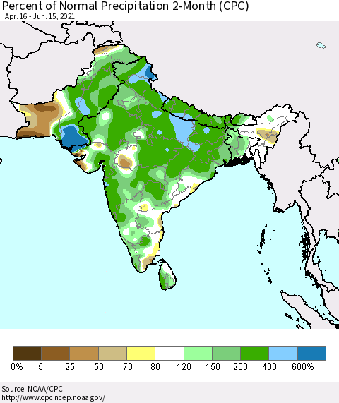 Southern Asia Percent of Normal Precipitation 2-Month (CPC) Thematic Map For 4/16/2021 - 6/15/2021