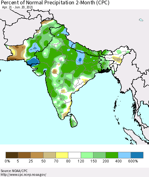 Southern Asia Percent of Normal Precipitation 2-Month (CPC) Thematic Map For 4/21/2021 - 6/20/2021
