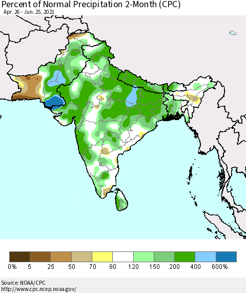 Southern Asia Percent of Normal Precipitation 2-Month (CPC) Thematic Map For 4/26/2021 - 6/25/2021