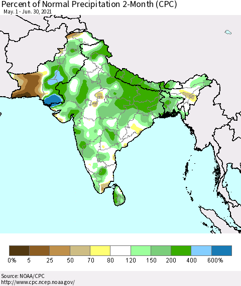 Southern Asia Percent of Normal Precipitation 2-Month (CPC) Thematic Map For 5/1/2021 - 6/30/2021