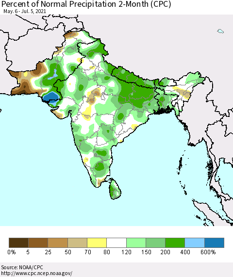 Southern Asia Percent of Normal Precipitation 2-Month (CPC) Thematic Map For 5/6/2021 - 7/5/2021