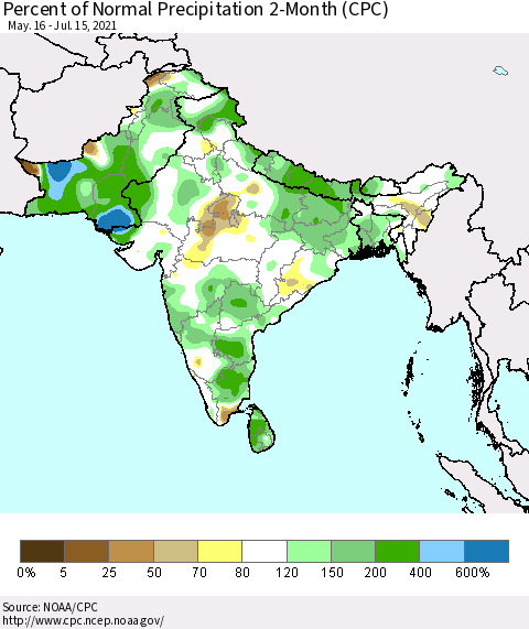 Southern Asia Percent of Normal Precipitation 2-Month (CPC) Thematic Map For 5/16/2021 - 7/15/2021
