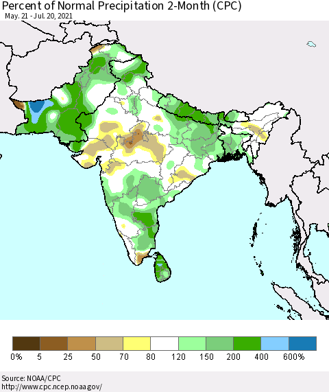 Southern Asia Percent of Normal Precipitation 2-Month (CPC) Thematic Map For 5/21/2021 - 7/20/2021