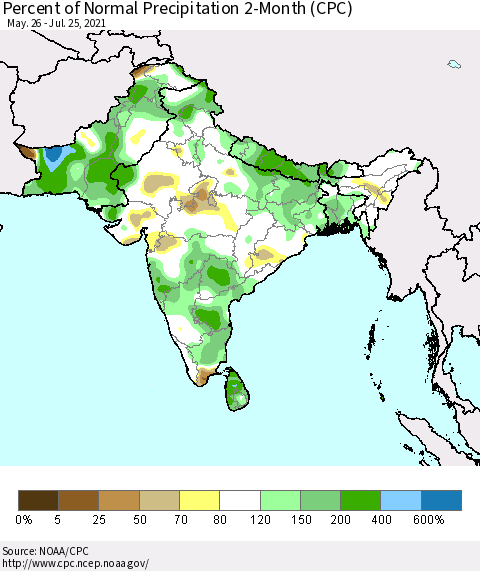 Southern Asia Percent of Normal Precipitation 2-Month (CPC) Thematic Map For 5/26/2021 - 7/25/2021
