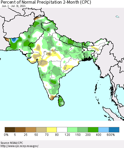 Southern Asia Percent of Normal Precipitation 2-Month (CPC) Thematic Map For 6/1/2021 - 7/31/2021