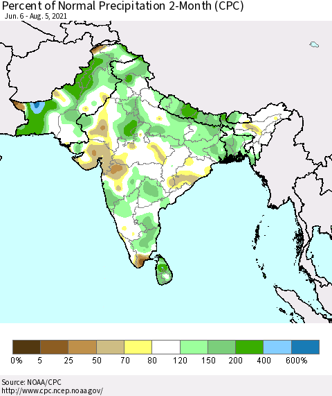 Southern Asia Percent of Normal Precipitation 2-Month (CPC) Thematic Map For 6/6/2021 - 8/5/2021