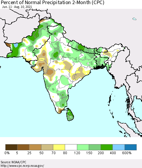 Southern Asia Percent of Normal Precipitation 2-Month (CPC) Thematic Map For 6/11/2021 - 8/10/2021
