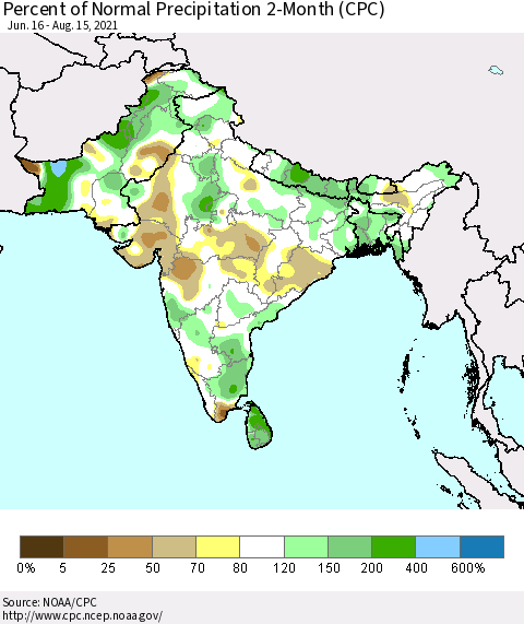 Southern Asia Percent of Normal Precipitation 2-Month (CPC) Thematic Map For 6/16/2021 - 8/15/2021