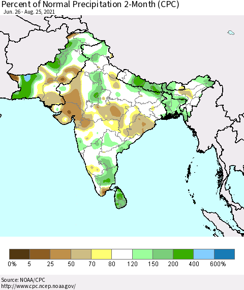 Southern Asia Percent of Normal Precipitation 2-Month (CPC) Thematic Map For 6/26/2021 - 8/25/2021