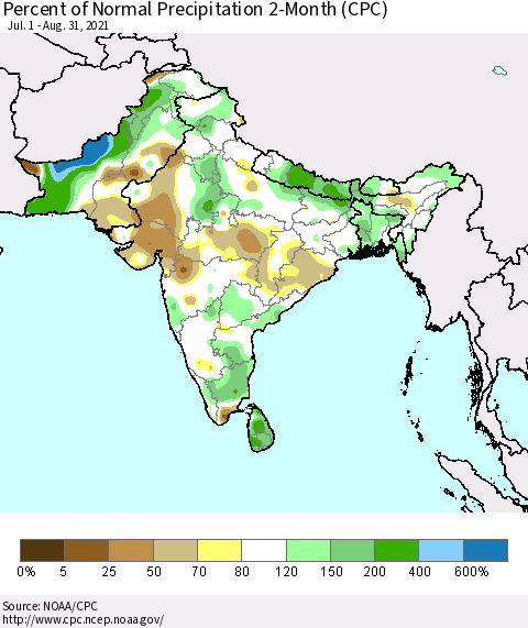 Southern Asia Percent of Normal Precipitation 2-Month (CPC) Thematic Map For 7/1/2021 - 8/31/2021