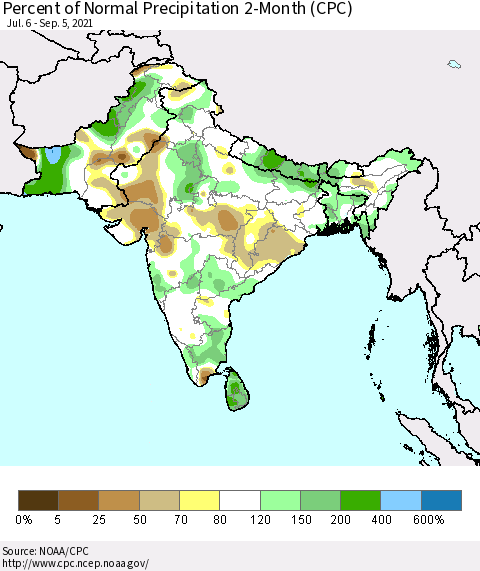 Southern Asia Percent of Normal Precipitation 2-Month (CPC) Thematic Map For 7/6/2021 - 9/5/2021