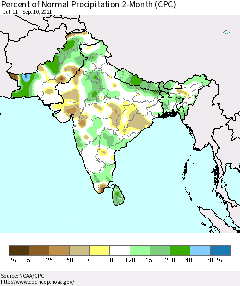 Southern Asia Percent of Normal Precipitation 2-Month (CPC) Thematic Map For 7/11/2021 - 9/10/2021