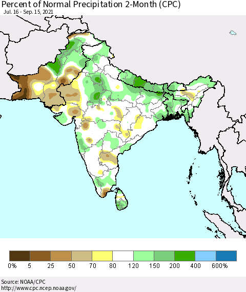 Southern Asia Percent of Normal Precipitation 2-Month (CPC) Thematic Map For 7/16/2021 - 9/15/2021