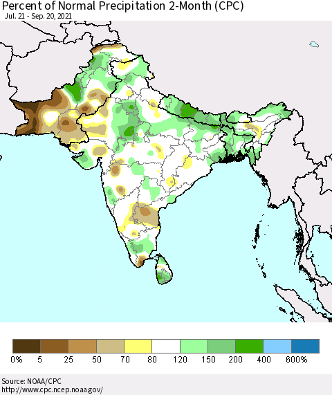 Southern Asia Percent of Normal Precipitation 2-Month (CPC) Thematic Map For 7/21/2021 - 9/20/2021