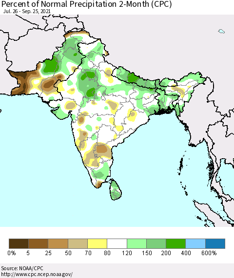 Southern Asia Percent of Normal Precipitation 2-Month (CPC) Thematic Map For 7/26/2021 - 9/25/2021