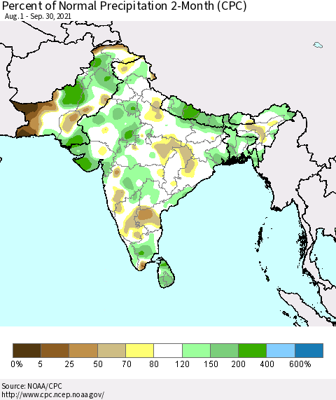 Southern Asia Percent of Normal Precipitation 2-Month (CPC) Thematic Map For 8/1/2021 - 9/30/2021