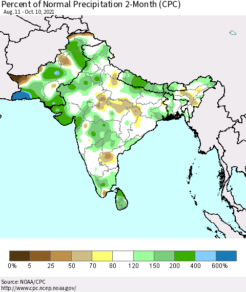 Southern Asia Percent of Normal Precipitation 2-Month (CPC) Thematic Map For 8/11/2021 - 10/10/2021