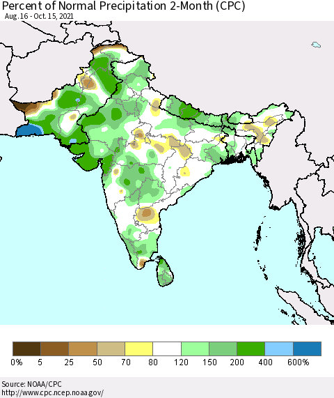 Southern Asia Percent of Normal Precipitation 2-Month (CPC) Thematic Map For 8/16/2021 - 10/15/2021