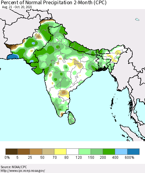 Southern Asia Percent of Normal Precipitation 2-Month (CPC) Thematic Map For 8/21/2021 - 10/20/2021