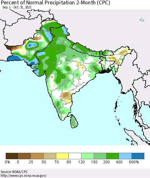 Southern Asia Percent of Normal Precipitation 2-Month (CPC) Thematic Map For 9/1/2021 - 10/31/2021
