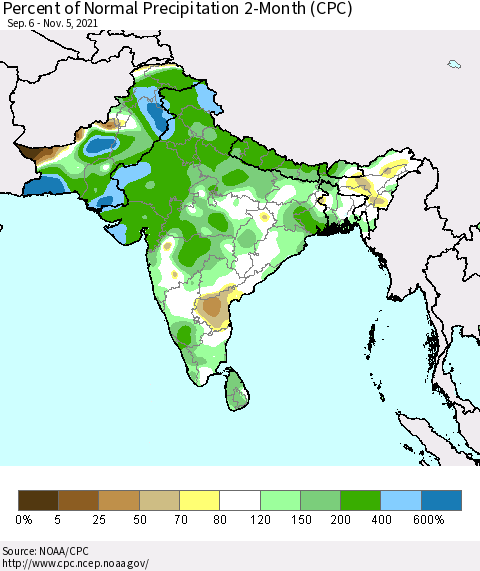 Southern Asia Percent of Normal Precipitation 2-Month (CPC) Thematic Map For 9/6/2021 - 11/5/2021