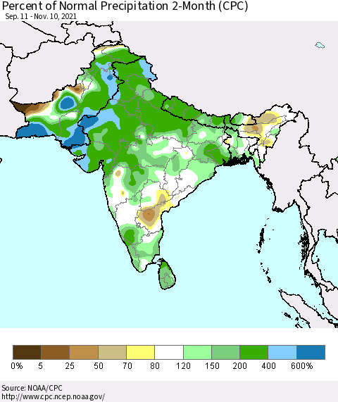 Southern Asia Percent of Normal Precipitation 2-Month (CPC) Thematic Map For 9/11/2021 - 11/10/2021